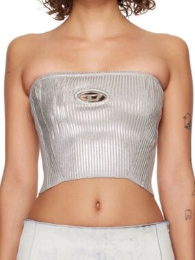 Diesel Metallic Silver XXS Ribbed Strapless Crop Top with Front Keyhole